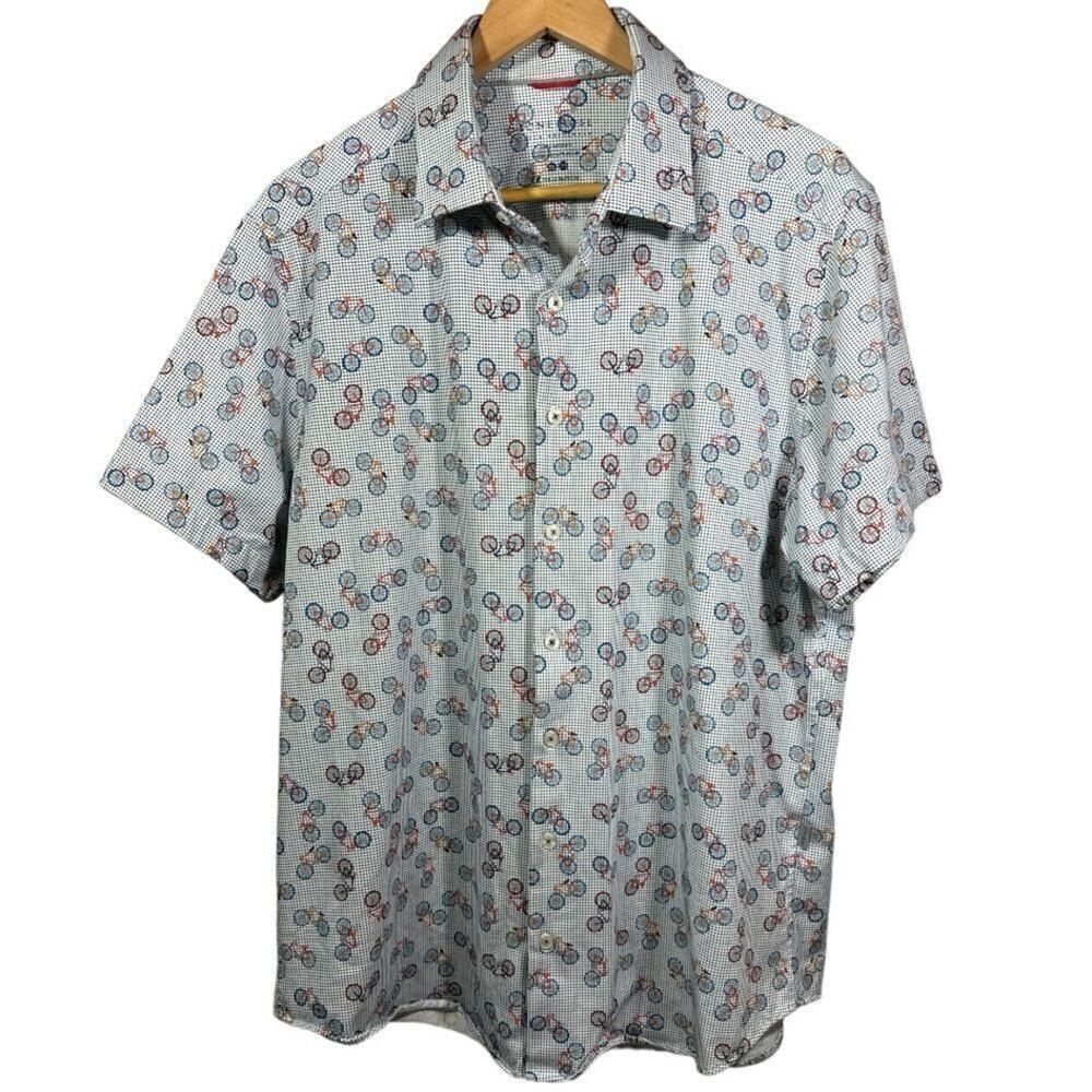 STONE ROSE Men’s Bicycle Print Short Sleeve Button Down Shirt White Size 2XL